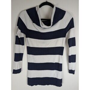 Tommy Hilfiger Cowl Neck Sweater Blue White Size Medium Y2K Style Stretch